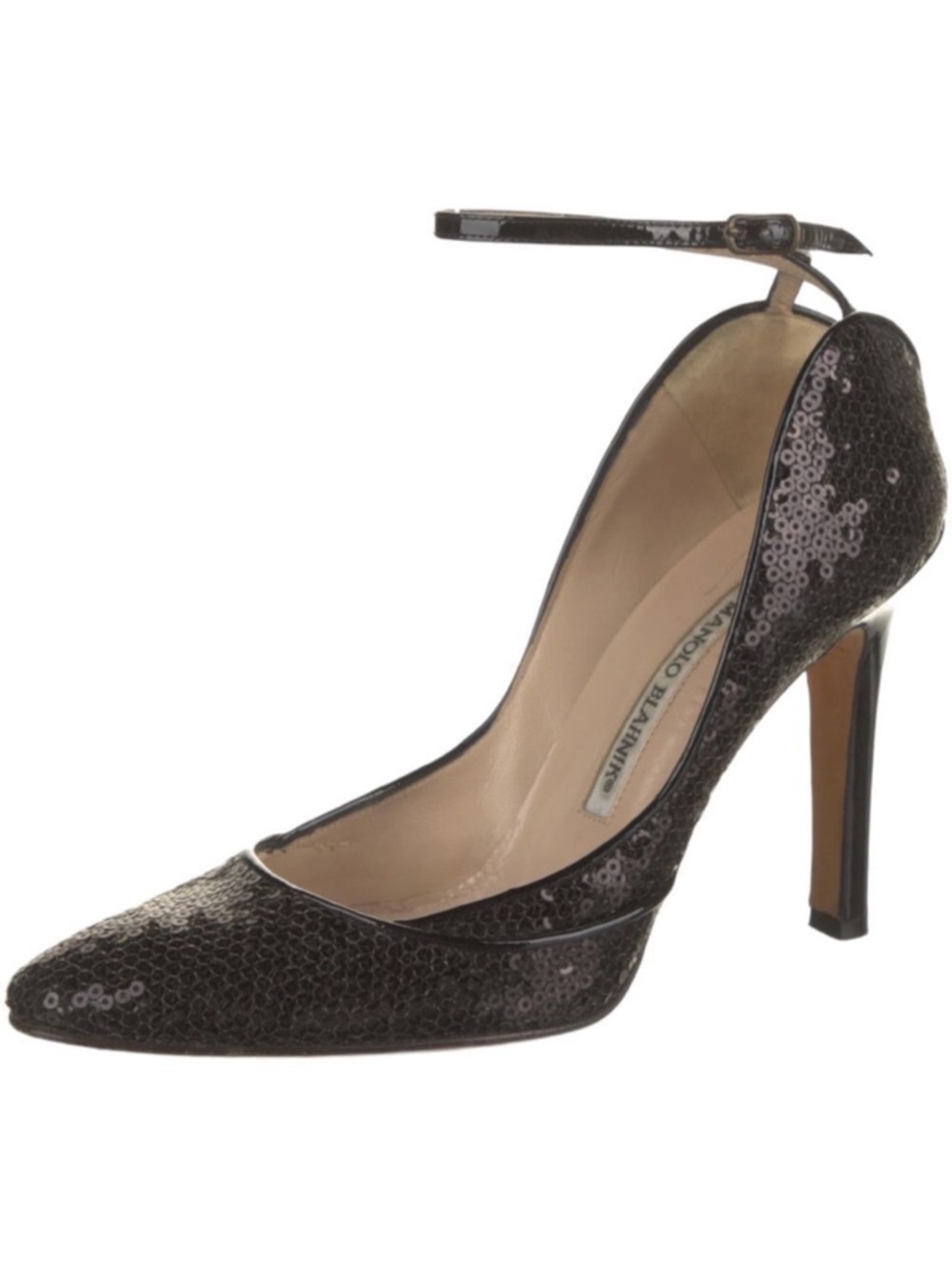 MANOLO BLAHNIK Black Sequins Ankle Wrap Heels 37